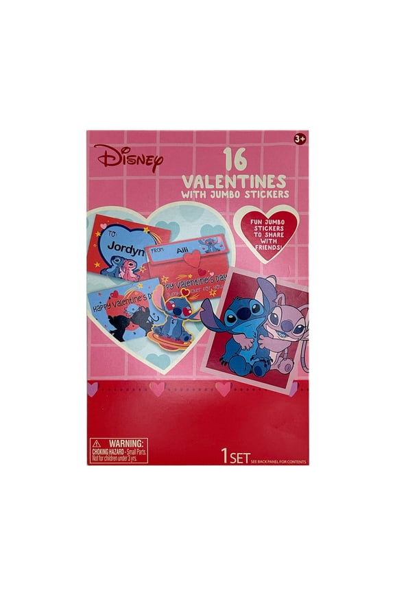Stitch Valentine's Day Exchange Cards with Jumbo Stickers, 16 Count