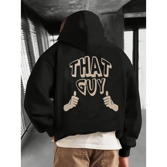 Men'S Black "THAT GUY" Graphic Hoodie - Oversized Loose Fit Streetwear Sweatshirt with Lettering & Thumbs-Up Design, All-Season Comfort, Casual & Outdoor Wear, Long Sleeve Pullover for Men, Comfortab