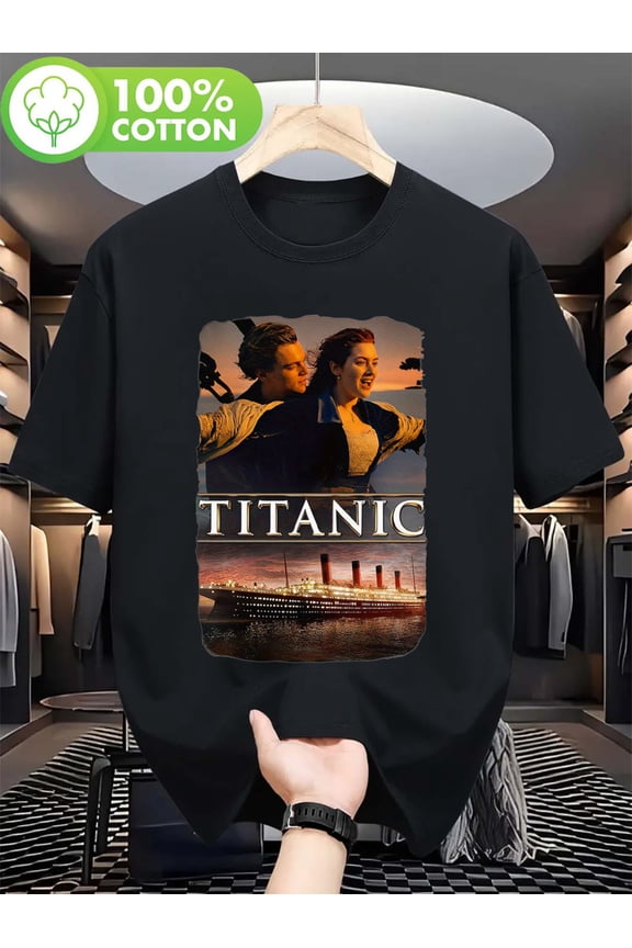 Men'S Black Titanic Graphic T-Shirt - Iconic Couple & Majestic Ship Design, Short Sleeve Crew Neck, Summer Casual Streetwear for Classic Movie Fans, Round Neck Tshirt Comfortable Fit,