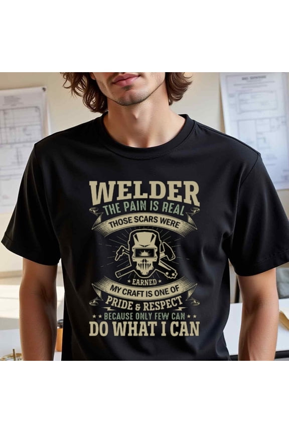 Men'S Black Welder Graphic T-Shirt - "The Pain Is Real, My Craft Is Respect" Design with Skull & Welding Tools, 100% Cotton Crew Neck Short Sleeve, Perfect for Casual Wear, Running, Hiking, and Part