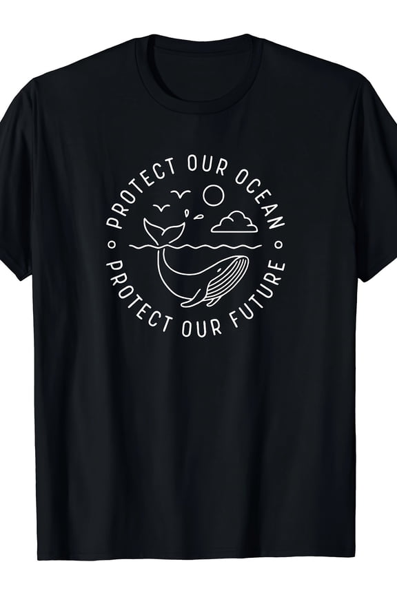 Men'S Bohemian Style Casual T-Shirt - Protect Our Ocean, Protect Our Future Whale Print, Loose Round Neck, Black with White Design, S-XX, Hand Wash Only, Marine Theme Shirt | Opaque Material,