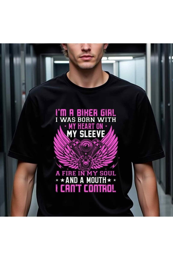 Men'S Bold Biker Graphic Thirt - I'm a Biker Girl with Pink Wings & Skull Design, Heart on My Sleeve, Fire in My Soul, Uncontrollable Mouth Text, Black Casual Tee for Alleason Wear, Biker T Shirt