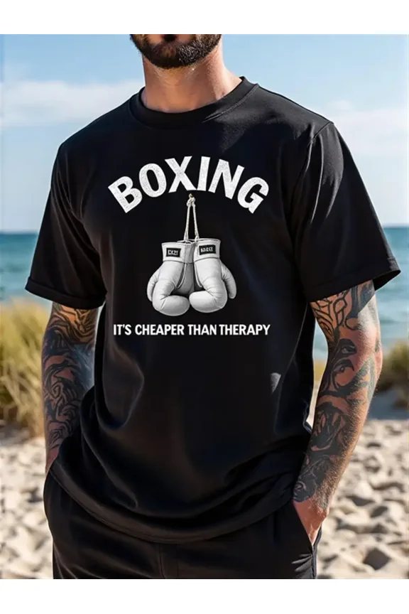 Men'S Boxing Graphic T-Shirt - "It'S Cheaper Than Relax" Print, 100% Cotton, Casual Street Style, Short Sleeve, Loose Fit, Machine Washable, Black with White Design, Boxing T