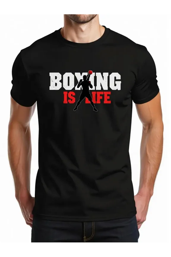 Men'S Boxing T-Shirt - Black with Red Glove Graphic - "BOXING IS LIFE" Motto - Breathable Cotton Tee for Boxing Training, Gym, Casual Streetwear - All-Season Fighter Shirt for