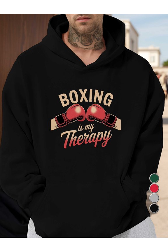Men'S Boxing Is My Therapy Graphic Hooded Sweatshirt - Plus Size Boxing-Themed Pullover with Boxing Gloves & Gym Design, Loose Fit Casual Sweater for Boxing Fans, Gym Wear, Plus Size