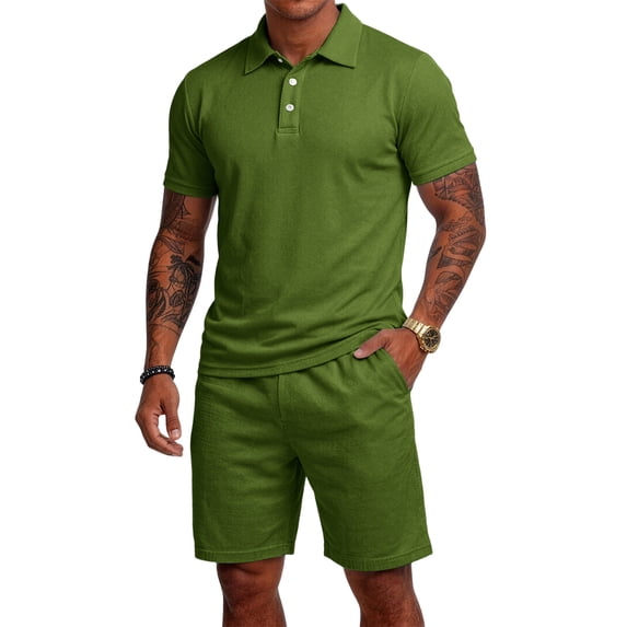 Men'S Breathable Collared Polo Shirt Short Sleeve And Elastic Waist Drawstring Shorts Set Casual Athletic Tracksuits For Summer Outdoor,Army Green,S