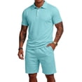 thumbnail image 1 of Men'S Breathable Collared Polo Shirt Short Sleeve And Elastic Waist Drawstring Shorts Set Casual Athletic Tracksuits For Summer Outdoor,Light Blue,L, 1 of 7