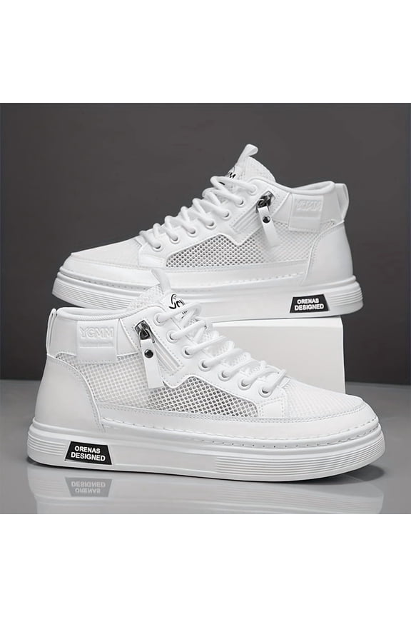 Men'S Breathable High-Top Sneakers with Invisible Height Increase - White Mesh Casual Shoes, Lace-Up Design, Comfortable Fabric Upper & Rubber Sole for All-Season Wear, Casual Footwear | Laceup Sneak