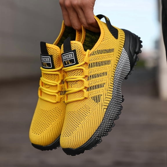 Men'S Breathable Knit Athletic Sneakers - Comfortable, Shock-Absorbing, Non-Slip Lace-Up Running Shoes, Mid-Calf, for Jogging and Walking, All-Season Style, Yellow with Black Accents, Sneakers for R