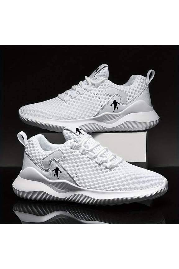 Men'S Breathable Mesh Running Athletic Shoes - Lightweight Slip-Resistant Sole, Low-Cut Fabric Lining Suitable for Hiking And Outdoor Activities, White Base with Black Accents, Running Shoes