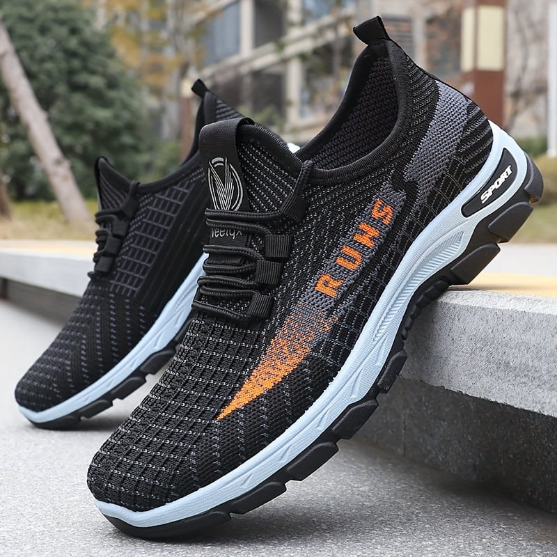Men'S Breathable Mesh Sneakers with Rubber Sole - Lightweight Low-Top Design for Hiking & Casual Wear, Black & Orange Accents, Lace-Up Closure, Spring/Summer Outdoor Shoes, Hiking Footwear, Stylish