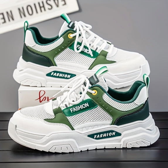 Men'S Breathable Mesh Sneakers with Thick Cushioned Sole - White & Green Low-Top Casual Shoes, Lace-Up Design Casual Attire, Stylish Laceup Shoes & for Summer Streetwear, Outdoor Modern Sneakers
