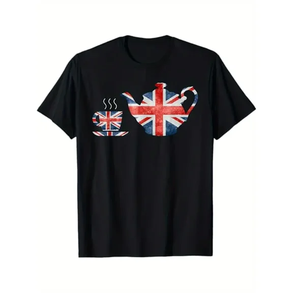 Men'S British Tea Graphic T-Shirt - Royal Blue Short Sleeve Tee with Union Jack Flag Design, 100% Pure Cotton, Casual & Versatile All-Season Wear