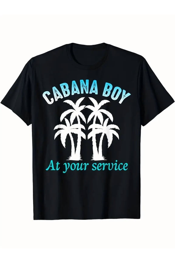 Men'S "Cabana Boy at Your Service" Graphic T-Shirt - Black Cotton Crew Neck Tee with Palm Tree Design,