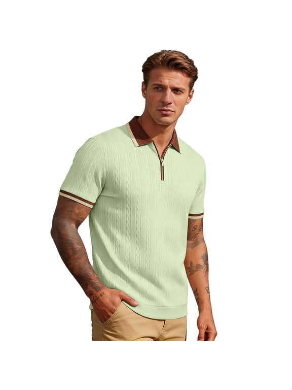 Men'S Cable Knit Polo Shirts Contrast Collar And Cuffs Short Sleeve Casual Breathable Knitwear For Summer Daily Wear And Golf,Green,XXL