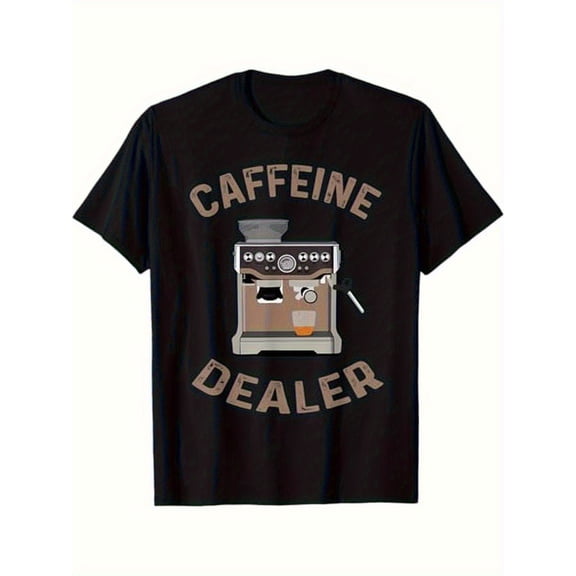 Men'S Caffeine Dealer Espresso Print T-Shirt-Pure Cotton, Black, Casual, Short Sleeve, Perfect Gift for Coffee Lovers, Dad, Grandpa, Size S-XXXL, Fun Print T-Shirt for All Seasons