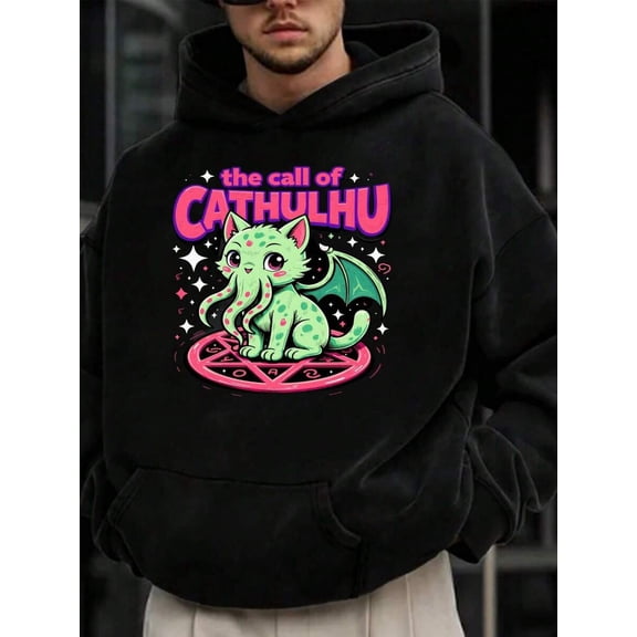 Men'S The Call Of Cathulhu Hoodie - Cute Cthulhu Cat Graphic Pullover Sweatshirt, Gothic Occult Mystical Design With Pink Pentagram & Cthulhu Art - Kawaii Witchy Dark Academia Style, Loose Fit Casual