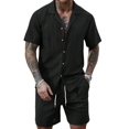 thumbnail image 1 of Men'S Camp Collar Jacquard Button Up Shirt and Drawstring Shorts Two Piece Outfit Black XL, 1 of 9