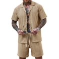 thumbnail image 1 of Men'S Camp Collar Jacquard Button Up Shirt and Drawstring Shorts Two Piece Outfit Khaki L, 1 of 8