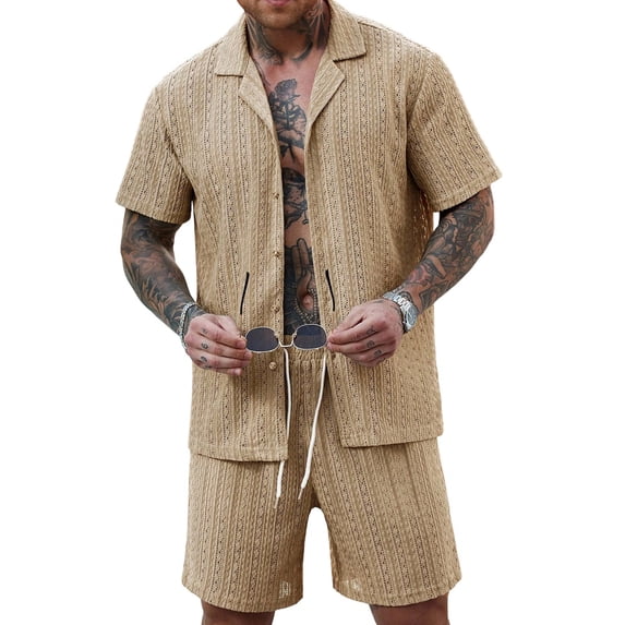 Men'S Camp Collar Jacquard Button Up Shirt and Drawstring Shorts Two Piece Outfit Khaki L
