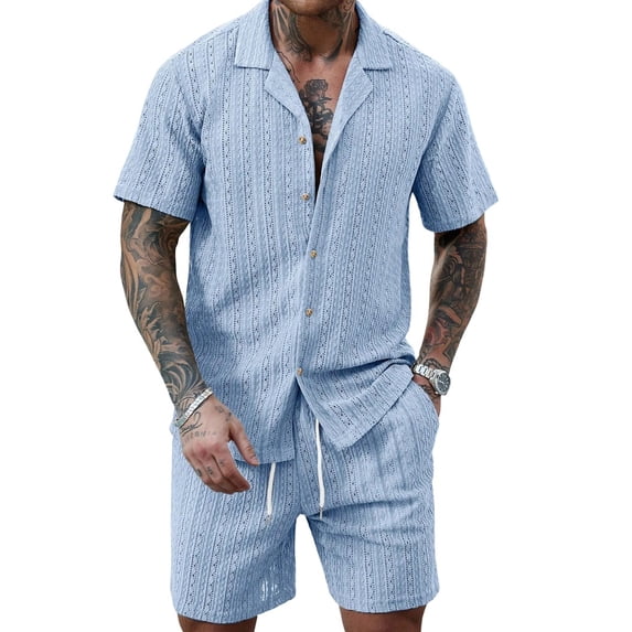 Men'S Camp Collar Jacquard Button Up Shirt and Drawstring Shorts Two Piece Outfit Light Blue L