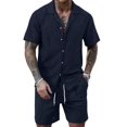 thumbnail image 1 of Men'S Camp Collar Jacquard Button Up Shirt and Drawstring Shorts Two Piece Outfit Navy Blue M, 1 of 9