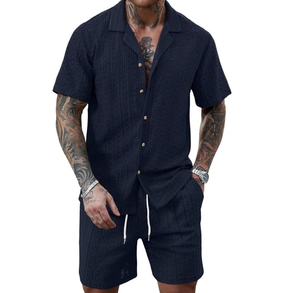 Men'S Camp Collar Jacquard Button Up Shirt and Drawstring Shorts Two Piece Outfit Navy Blue M