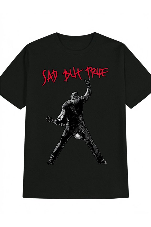 Men'S Casual Black T-Shirt with "Sad But True" Graphic, Polyester 100%, Crew Neck, Short Sleeve, Slight Stretch, Knit Fabric, Summer Collection, Vintage Print, Dark Humor, Band Theme, Gift for Men