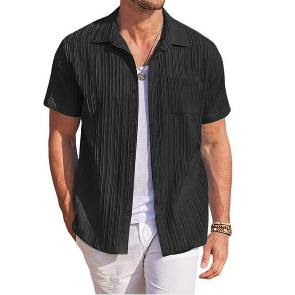 Men'S Casual Button Down Shirts Short Sleeve Textured Summer Beach Shirt with Pocket Black XXL
