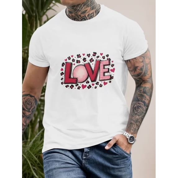Men'S Casual Crew Neck Short Sleeve T-Shirt with "LOVE" Heart Print | Breathable Fabric, Machine Washable, Ideal for Valentine'S Day or Father'S Day Gift, Running Apparel Style