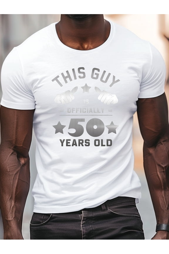 Men'S Casual Crew Neck T-Shirt with "This Guy is Officially 50 Years Old" Print, 100% Polyester Knit Fabric, Slight Stretch, Regular Fit, Lightweight Summer Top - Black