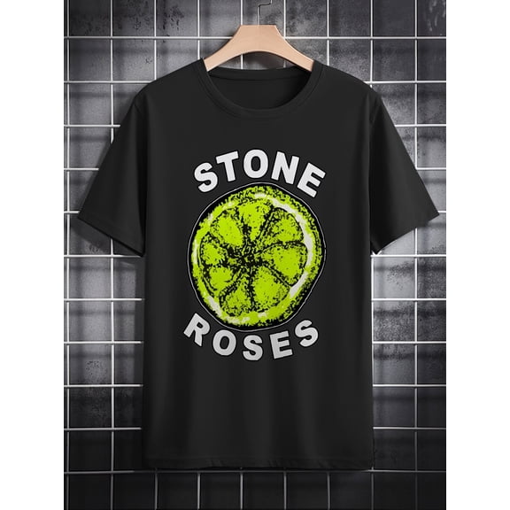 Men'S Casual Crew Neck T-Shirt, Vintage Band Print, Summer Knit Polyester Tee, Regular Fit, Slight Stretch, Stone Roses Graphic, Gift for Men