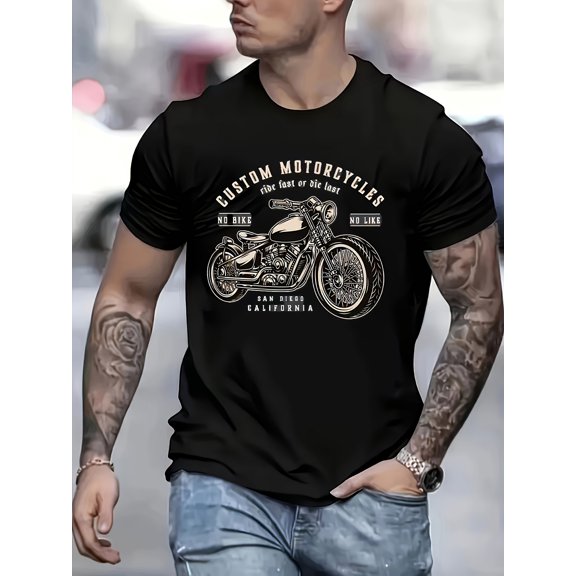 Men'S Casual Crew Neck T-Shirt with Vintage Motorcycle Print, Polyester Knit Fabric, Slight Stretch, Regular Fit, Short Sleeve - Ideal for Summer Weekend Wear, Motorcycle Shirt
