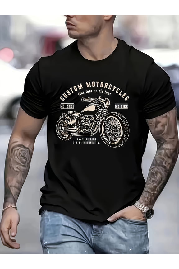 Men'S Casual Crew Neck T-Shirt with Vintage Motorcycle Print, Polyester Knit Fabric, Slight Stretch, Regular Fit, Short Sleeve - Ideal for Summer Weekend Wear, Motorcycle Shirt