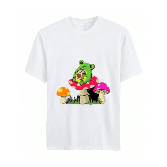 Men'S Casual Crew Neck T-Shirt with Whimsical Frog & Mushroom Print -=ion, Regular Fit, All-Season Comfort, Casual Wear|Playful Design|Comfortable Fit, Frog Shirt