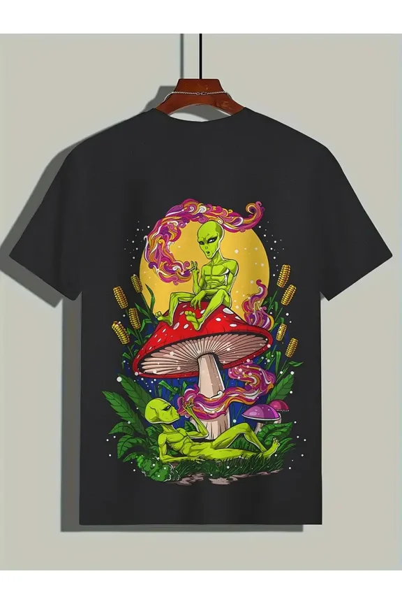 Men'S Casual Fashion T-Shirt, Geometric Alien and Mushroom Print, Polyester Knit Fabric with Slight Stretch, Crew Neck, Regular Fit for All Seasons
