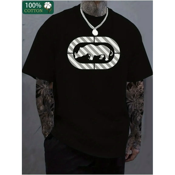 Men'S Casual Graphic T-Shirt - Loai Style, Cotton, Short Sleeve, Round Neck, Thick Fabric, Black with White Striped Alien Design, Comfortable Everyday Wea