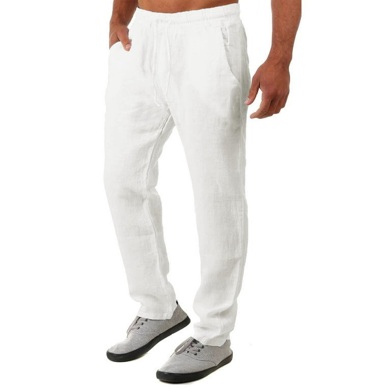Men S Casual Linen Pants Elastic Waist Drawstring Beach Summer Pants Lightweight Linen Trousers White L O16