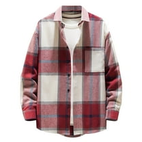 Men'S Casual Long Sleeve Fleece Lined Plaid Flannel Buttoned Overshirts Jacket Shacket Red Xxxxxl