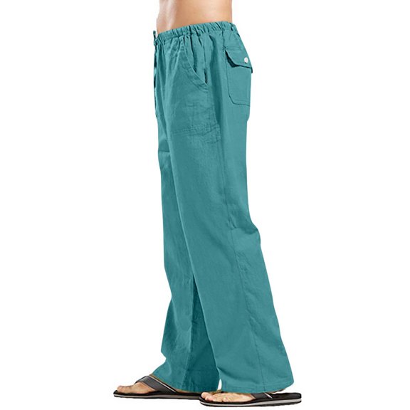 Men'S Casual Pants, Cotton Linen Lightweight Elastic Waist Loose Straight Fit Beach Trousers For Summer & Father'S Day Gifts Trousers Track Pants Men Dress Pantalon Pants (4XL, Cyan) ZManTrek