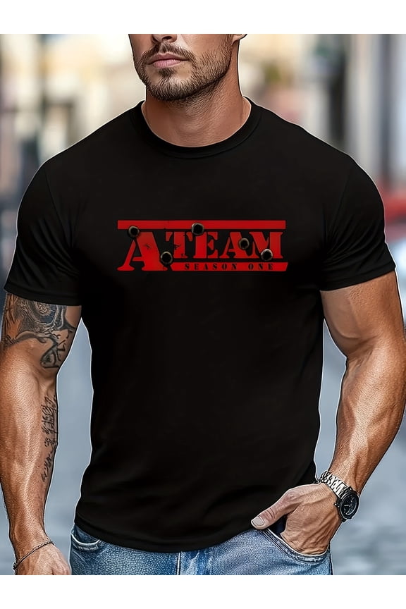 Men'S Casual Patterned T-Shirt - A-TEAM Bold Red Letter Print on a Black Background, Round Neck Short Sleeve Summer Top, Machine Washable Fitted Style, Perfect for Everyday Wear,