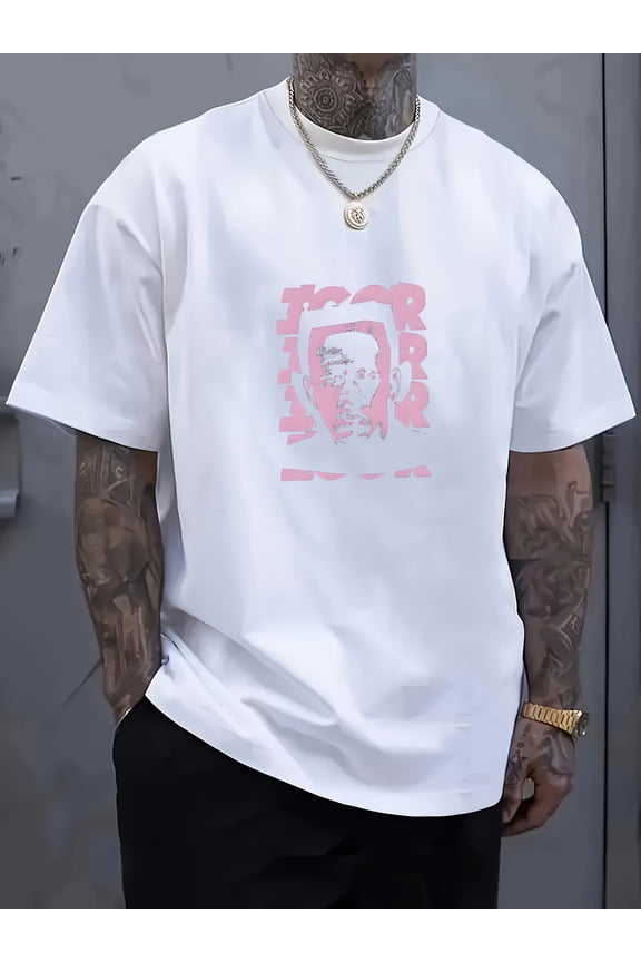 Men'S Casual Patterned T-Shirt - 'Igor' Letter Print Short-Sleeve Top, Comfortable Round Neck for Summer Fitness, Outdoor, And Streetwear, Machine Washable H-Style Fashion.