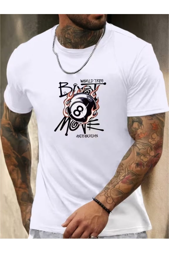 Men'S Casual Short Sleeve T-Shirt - Billiards 8 Ball Flame Pattern Print, Light Gray Summer Top, Suitable for Pool Parties And Daily Outings Round Neck Style, Billiards Shirt, Casual Clothing,