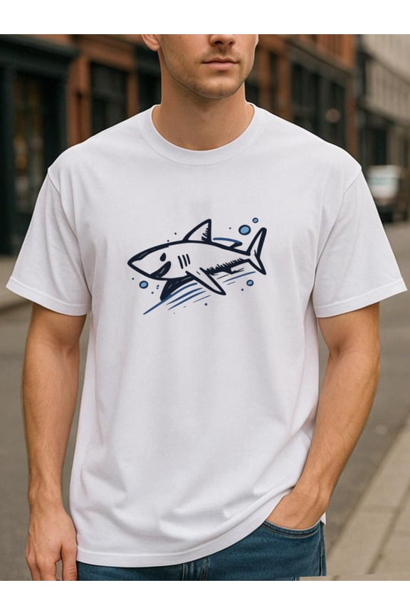 Men'S Casual Short-Sleeved Round-Neck T-Shirt with Ocean SHARK Print | Versatile Daily Top, Medium Stretch Fabric, Crew Neck, All-Season Fit