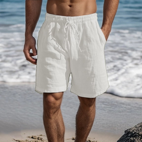 Men'S Casual Shorts Summer Beach Shorts Classic Solid Color Lightweight White M