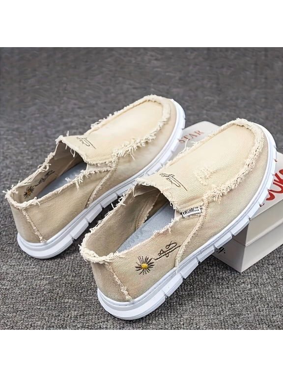 Men'S Casual Slip on Canvas Shoes - Daisy Distressed Fringe Faux Denim Sneakers, Comfort Non Slip Walking Flats for Daily Wear