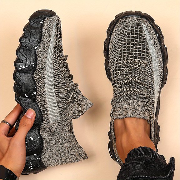 Men'S Casual Sneakers - Breathable Knit Upper, Geometric Pattern, Lace-Up Closure, Durable Rubber , Athletic Footwear | Geometric Pattern Shoes | Knit Construction