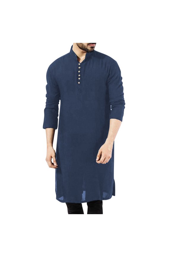 Men'S Casual Solid Stand Collar Robe Long Sleeve Button Jubba Thobe