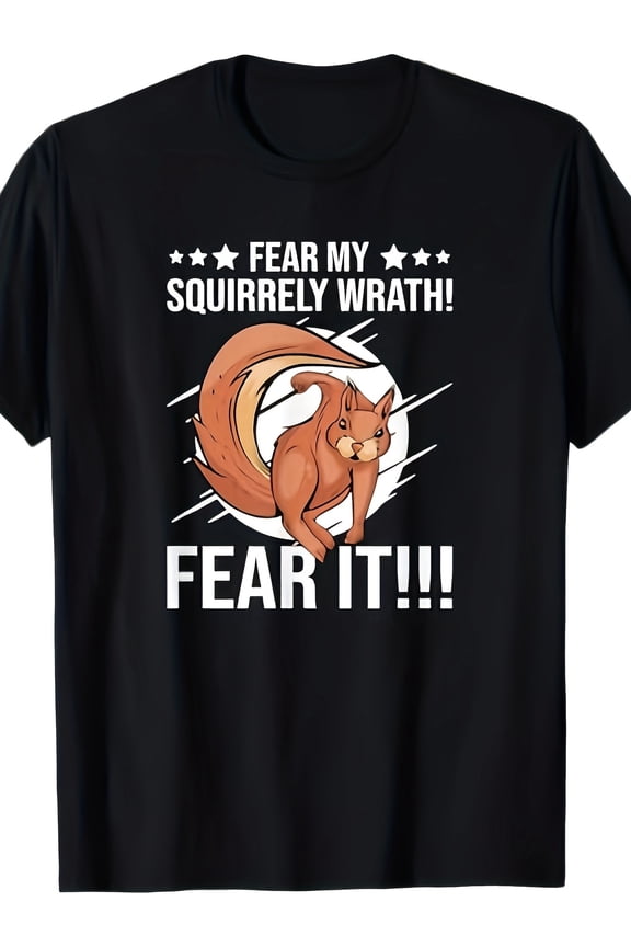 Men'S Casual Squirrel-Themed T-Shirt - Fear My Squirrelly Wrath! Graphic, Black with Orange Squirrel Design, Regular Fit, Summer Wear, Cotton Material, Crew Neck, Applique Detail, Squirrel Gifts