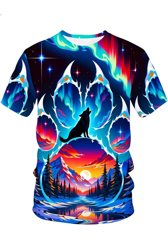Men'S Casual Summer Graphic Tee Featuring a 3D Printed Design of a Wolf Paw Print Against a Galaxy Night Sky with a Mountain Landscape And Starry Aurora, Plus Size